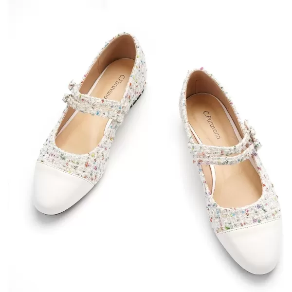 imageCParavano Womens Flats Shoes Round Toe Ballet Flats with Strap Comfortable Mary Janes Tweed Flats Dressy Casual Work Office Party Shoes for WomenWhiteg