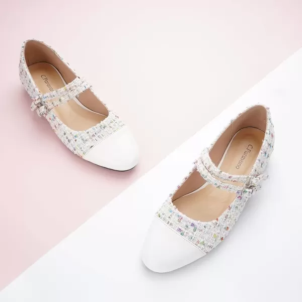 imageCParavano Womens Flats Shoes Round Toe Ballet Flats with Strap Comfortable Mary Janes Tweed Flats Dressy Casual Work Office Party Shoes for WomenWhiteg