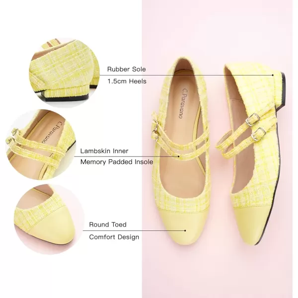 imageCParavano Womens Flats Shoes Round Toe Ballet Flats with Strap Comfortable Mary Janes Tweed Flats Dressy Casual Work Office Party Shoes for WomenYellowg