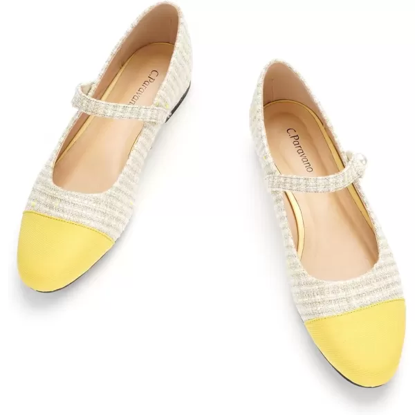 imageCParavano Womens Flats Shoes Round Toe Ballet Flats with Strap Comfortable Mary Janes Tweed Flats Dressy Casual Work Office Party Shoes for WomenYellow