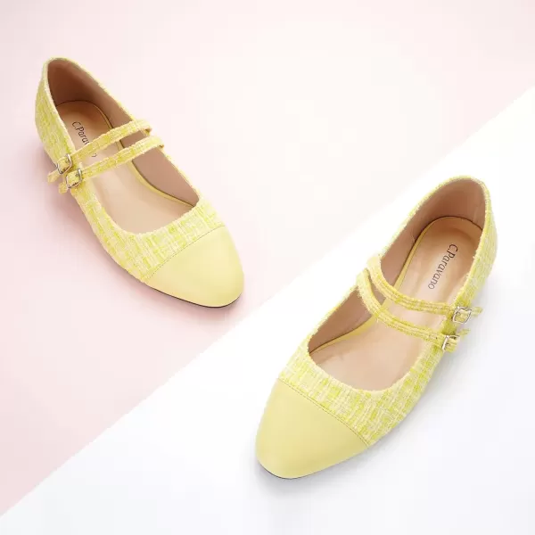 imageCParavano Womens Flats Shoes Round Toe Ballet Flats with Strap Comfortable Mary Janes Tweed Flats Dressy Casual Work Office Party Shoes for WomenYellowg