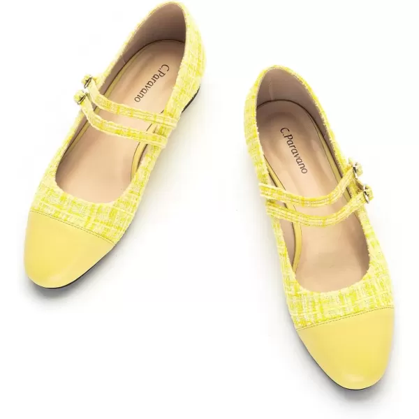 imageCParavano Womens Flats Shoes Round Toe Ballet Flats with Strap Comfortable Mary Janes Tweed Flats Dressy Casual Work Office Party Shoes for WomenYellowg
