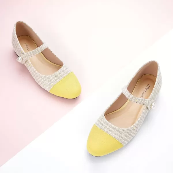 imageCParavano Womens Flats Shoes Round Toe Ballet Flats with Strap Comfortable Mary Janes Tweed Flats Dressy Casual Work Office Party Shoes for WomenYellow