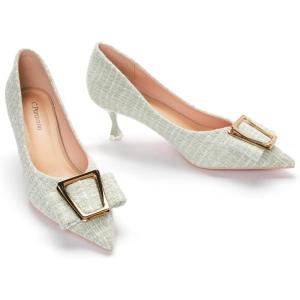 imageCParavano Metal Buckle Pointy Pumps Heels for Women Sexy Wedding Shoes Dressy Low Heel for Formal Events Work Casual Heels Leather Pumps for Office AttireGreen Tweed