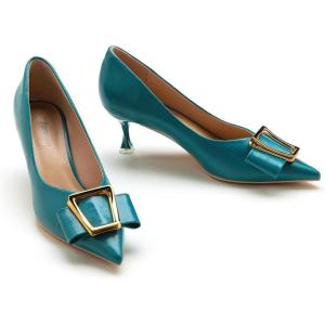 imageCParavano Metal Buckle Pointy Pumps Heels for Women Sexy Wedding Shoes Dressy Low Heel for Formal Events Work Casual Heels Leather Pumps for Office AttirePeacock Blue E3