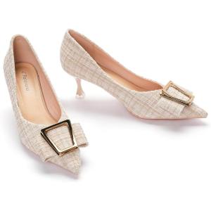 imageCParavano Metal Buckle Pointy Pumps Heels for Women Sexy Wedding Shoes Dressy Low Heel for Formal Events Work Casual Heels Leather Pumps for Office AttireBeige Tweed