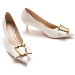 imageCParavano Metal Buckle Pointy Pumps Heels for Women Sexy Wedding Shoes Dressy Low Heel for Formal Events Work Casual Heels Leather Pumps for Office AttireWhite E3