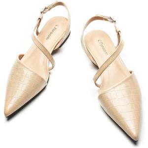 imageCParavano Slingback Flats for Women Crocdile Print Pointed Toe Flats Sandals Adjustable Ankle Strap Slingback Slip on ShoesBeige