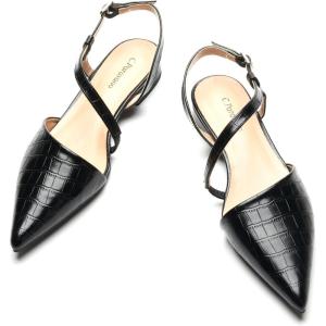 imageCParavano Slingback Flats for Women Crocdile Print Pointed Toe Flats Sandals Adjustable Ankle Strap Slingback Slip on ShoesBlack