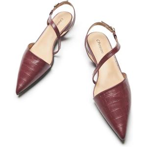 imageCParavano Slingback Flats for Women Crocdile Print Pointed Toe Flats Sandals Adjustable Ankle Strap Slingback Slip on ShoesBurgundy Red