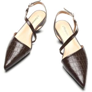 imageCParavano Slingback Flats for Women Crocdile Print Pointed Toe Flats Sandals Adjustable Ankle Strap Slingback Slip on ShoesCoffee