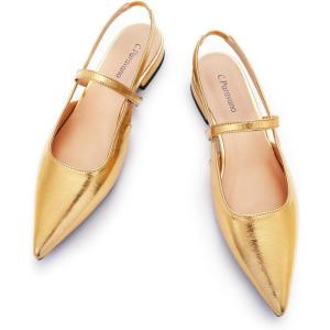 imageCParavano Womens Slingback Flats Pointed Toe Slingback Shoes Womens Pointed Toe Slingback Heels Slingback Kitten Heel Pumps Ankle Strap Flats Sandals Comfort Leather Dress ShoesGold Flats