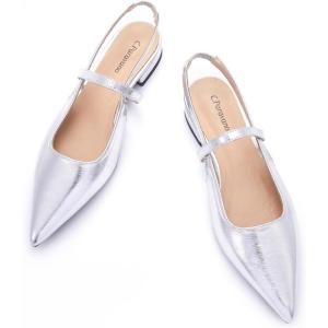imageCParavano Womens Slingback Flats Pointed Toe Slingback Shoes Womens Pointed Toe Slingback Heels Slingback Kitten Heel Pumps Ankle Strap Flats Sandals Comfort Leather Dress ShoesSilver Flats