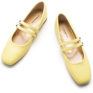 imageCParavano Mary Jane Shoes for Women  Womens Flats  Women Square Toe Flats  Leather Mary JaneYellow