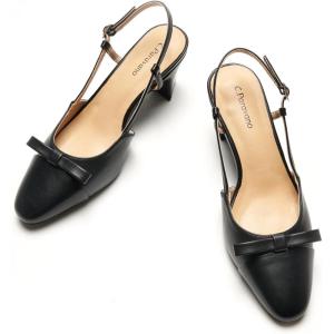 imageCParavano Womens Slingback Low Chunky Heels Round Toe Block Heel Pumps Splicing Bowknot Slip On Fashion Party Dress ShoesBlack