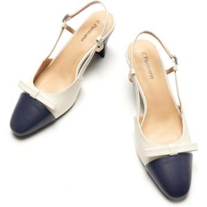 imageCParavano Womens Slingback Low Chunky Heels Round Toe Block Heel Pumps Splicing Bowknot Slip On Fashion Party Dress ShoesCream