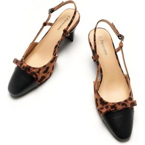 imageCParavano Womens Slingback Low Chunky Heels Round Toe Block Heel Pumps Splicing Bowknot Slip On Fashion Party Dress ShoesLeopard