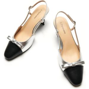 imageCParavano Womens Slingback Low Chunky Heels Round Toe Block Heel Pumps Splicing Bowknot Slip On Fashion Party Dress ShoesSilver