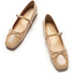 imageC Paravano Womens Mary Jane Ballet Flats  Square Toe Bowknot Flats with Adjustable Strap Comfortable Flats for Women Office Work Casual Walking and Dressy OccasionsBeige