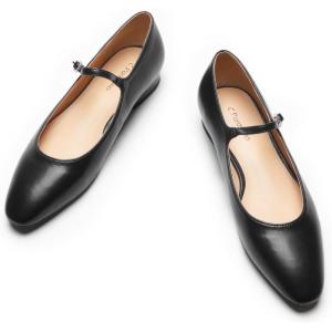 imageC Paravano Womens Mary Jane Flats Round Toe Leather Ballet Flats with Adjustable Strap Low Block Heel Dressy and Casual Shoes for Office or Daily WearX6cblack