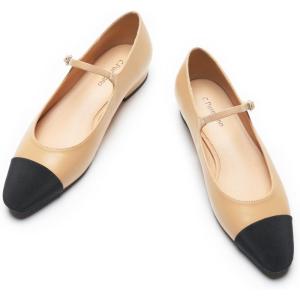 imageC Paravano Womens Mary Jane Flats Round Toe Leather Ballet Flats with Adjustable Strap Low Block Heel Dressy and Casual Shoes for Office or Daily WearX6abeige