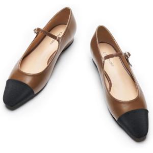imageC Paravano Womens Mary Jane Flats Round Toe Leather Ballet Flats with Adjustable Strap Low Block Heel Dressy and Casual Shoes for Office or Daily WearX6abrown