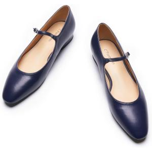 imageC Paravano Womens Mary Jane Flats Round Toe Leather Ballet Flats with Adjustable Strap Low Block Heel Dressy and Casual Shoes for Office or Daily WearX6cnavy