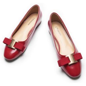 imageCParavano Womens Ballet Flats with Bowknot Round Toe Low Block Heel Shoes for Office Dressy CasualRed