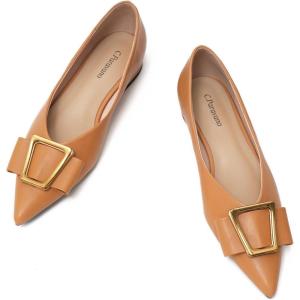 imageCParavano Womens Flats I Pointed Toe Flats for Women I Women Flat Shoes I Crystal Buckle Flats I Ballet Flats Shoes for Women I Slip on Dressy FlatsCamel A12