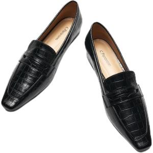 imageCParavano Penny Loafers for Women CrocodileEmbossed Slipons Comfortable Dressy Formal Dress Square Toe Flats Loafer Shoes for Business Casual WearCblack