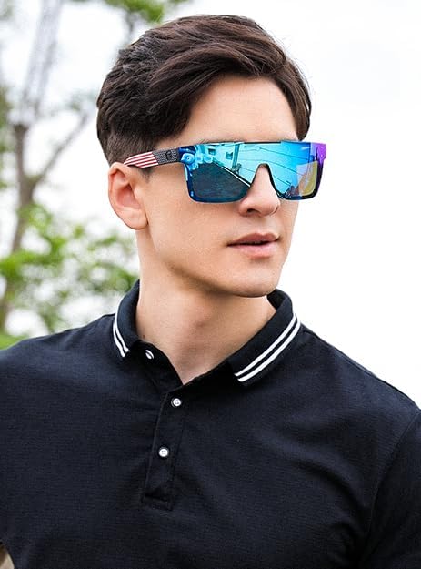 FEISEDY Men Women Sunglasses Polarized Oversized Square Vintage Cycling Running Fishing Golf Hiking Sports Sun Glasses B2990Polarized Blue Mirrored Lenses With American Flag Temples 004