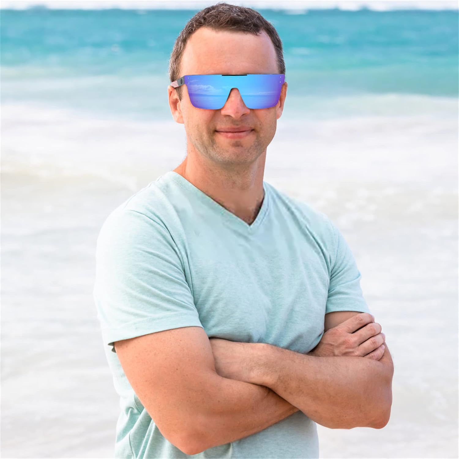 FEISEDY Men Women Sunglasses Polarized Oversized Square Vintage Cycling Running Fishing Golf Hiking Sports Sun Glasses B2990Polarized Blue Mirrored Lenses With American Flag Temples 004