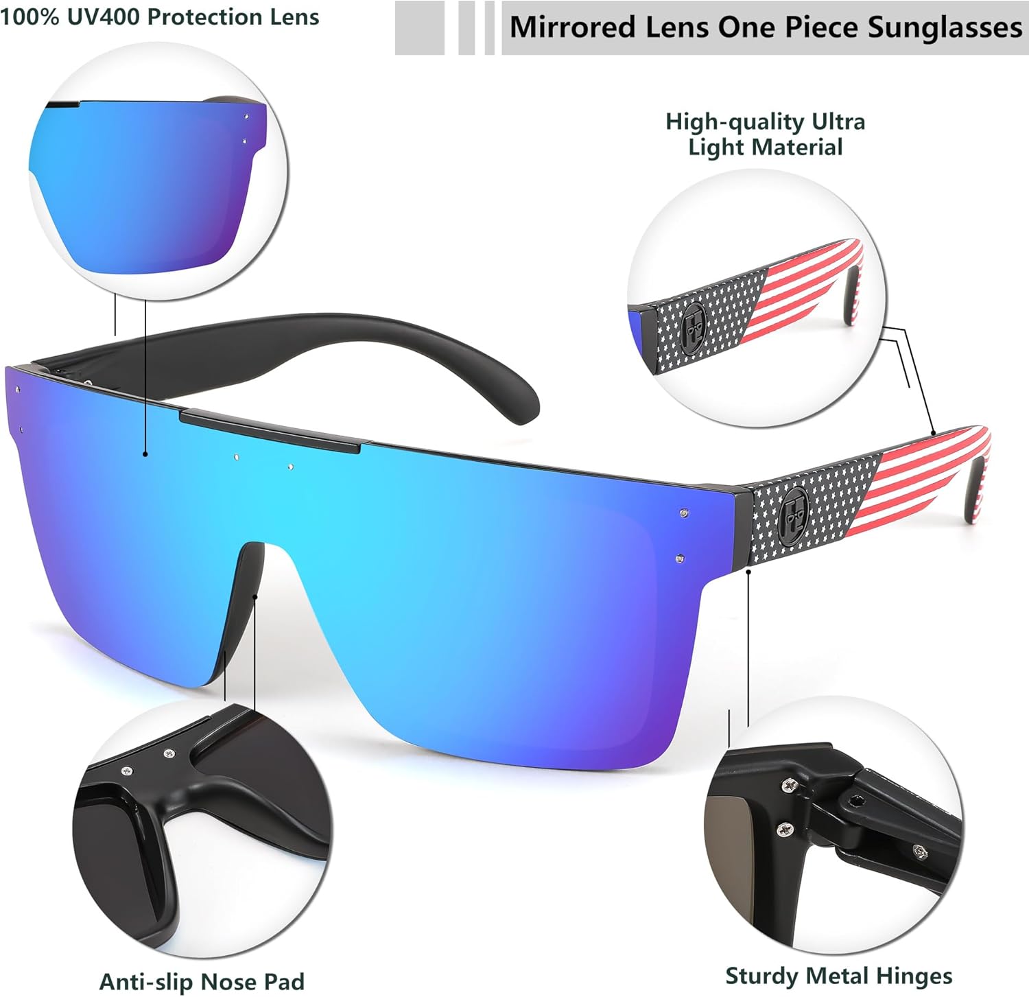 FEISEDY Men Women Sunglasses Polarized Oversized Square Vintage Cycling Running Fishing Golf Hiking Sports Sun Glasses B2990Polarized Blue Mirrored Lenses With American Flag Temples 004