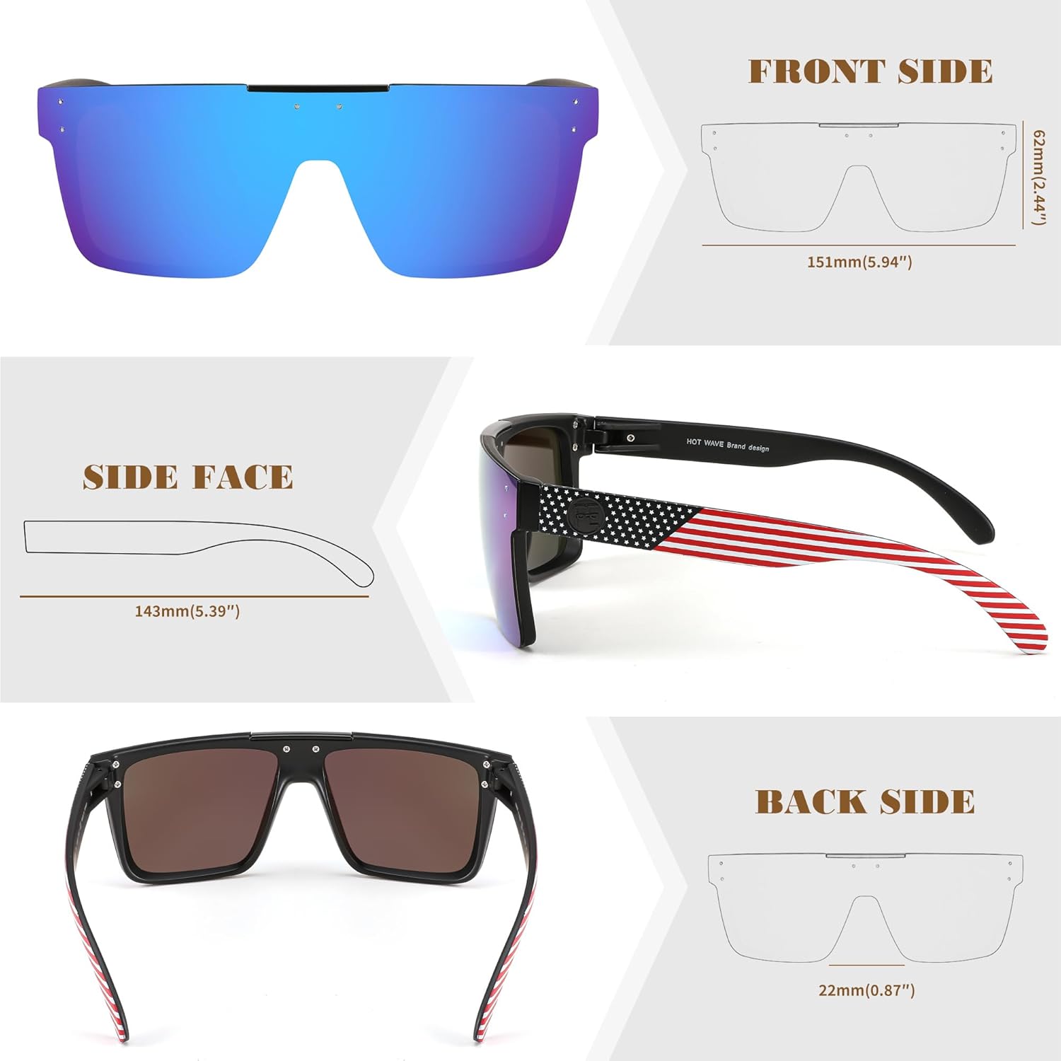 FEISEDY Men Women Sunglasses Polarized Oversized Square Vintage Cycling Running Fishing Golf Hiking Sports Sun Glasses B2990Polarized Blue Mirrored Lenses With American Flag Temples 004