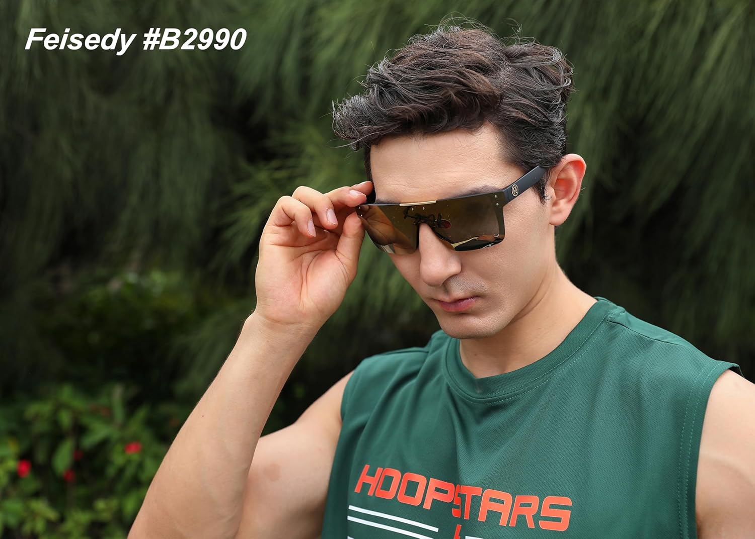 FEISEDY Men Women Sunglasses Polarized Oversized Square Vintage Cycling Running Fishing Golf Hiking Sports Sun Glasses B2990Polarized Brown Mirrored Lenses With Black Temples 003