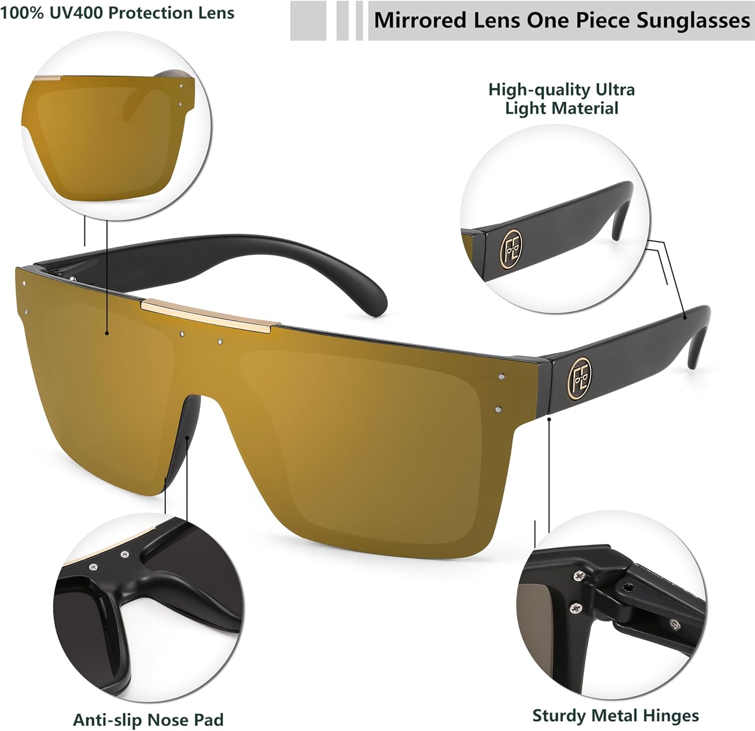FEISEDY Men Women Sunglasses Polarized Oversized Square Vintage Cycling Running Fishing Golf Hiking Sports Sun Glasses B2990Polarized Brown Mirrored Lenses With Black Temples 003