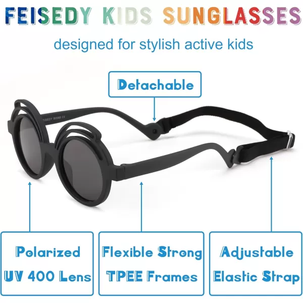 FEISEDY Baby Polarized Round Sunglasses Flexible Rubber Shades with Strap for Infant Toddler Newborn Age 024 Months B0060Black Frame  Grey Lens