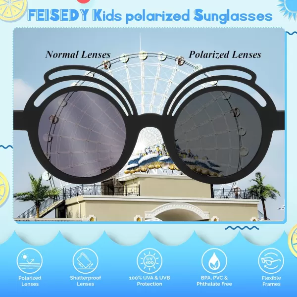 FEISEDY Baby Polarized Round Sunglasses Flexible Rubber Shades with Strap for Infant Toddler Newborn Age 024 Months B0060Black Frame  Grey Lens