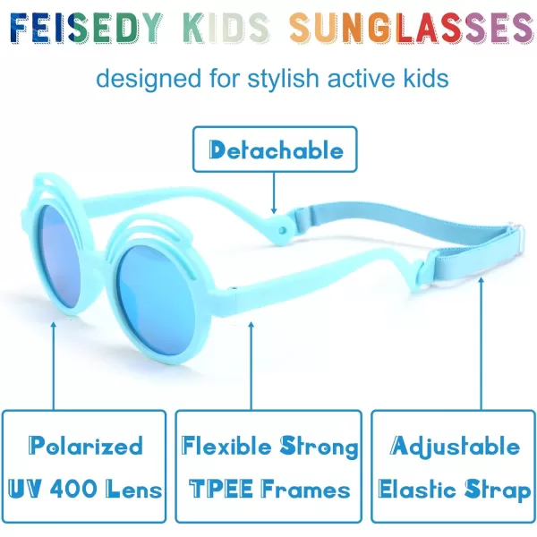 FEISEDY Baby Polarized Round Sunglasses Flexible Rubber Shades with Strap for Infant Toddler Newborn Age 024 Months B0060Blue Frame  Blue Mirrored Lens