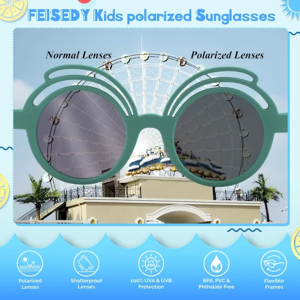 FEISEDY Baby Polarized Round Sunglasses Flexible Rubber Shades with Strap for Infant Toddler Newborn Age 024 Months B0060Dark Green Frame  Green Lens