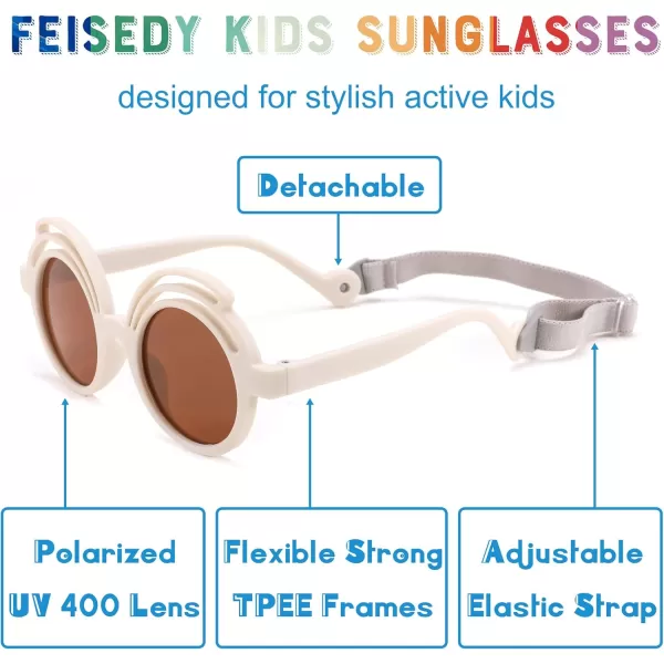 FEISEDY Baby Polarized Round Sunglasses Flexible Rubber Shades with Strap for Infant Toddler Newborn Age 024 Months B0060Off White Frame  Tea Lens