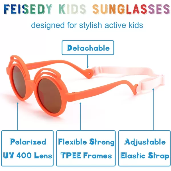 FEISEDY Baby Polarized Round Sunglasses Flexible Rubber Shades with Strap for Infant Toddler Newborn Age 024 Months B0060Orange Frame  Tea Lens