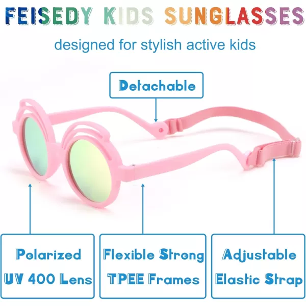 FEISEDY Baby Polarized Round Sunglasses Flexible Rubber Shades with Strap for Infant Toddler Newborn Age 024 Months B0060Pink Frame  Pink Mirrored Lens