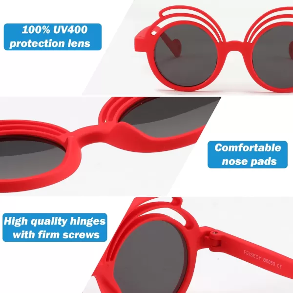 FEISEDY Baby Polarized Round Sunglasses Flexible Rubber Shades with Strap for Infant Toddler Newborn Age 024 Months B0060Red Frame  Grey Lens