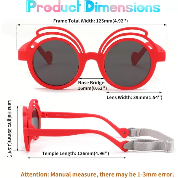 FEISEDY Baby Polarized Round Sunglasses Flexible Rubber Shades with Strap for Infant Toddler Newborn Age 024 Months B0060Red Frame  Grey Lens