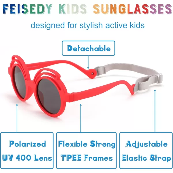 FEISEDY Baby Polarized Round Sunglasses Flexible Rubber Shades with Strap for Infant Toddler Newborn Age 024 Months B0060Red Frame  Grey Lens