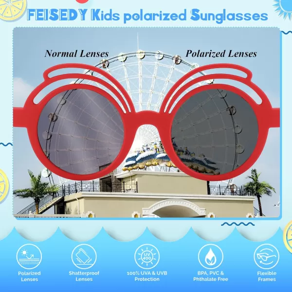 FEISEDY Baby Polarized Round Sunglasses Flexible Rubber Shades with Strap for Infant Toddler Newborn Age 024 Months B0060Red Frame  Grey Lens