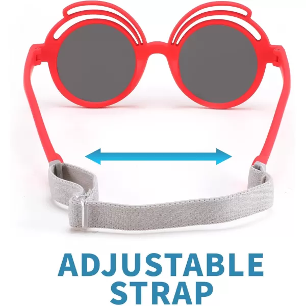 FEISEDY Baby Polarized Round Sunglasses Flexible Rubber Shades with Strap for Infant Toddler Newborn Age 024 Months B0060Red Frame  Grey Lens