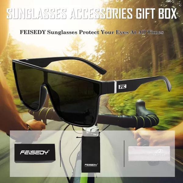 FEISEDY Fashion Flat Top Sunglasses Trendy Oversized Square Shades Women Men UV400 B2996Black Frame  Grey Lens
