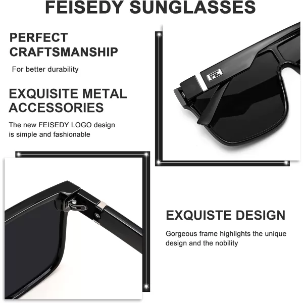 FEISEDY Fashion Flat Top Sunglasses Trendy Oversized Square Shades Women Men UV400 B2996Black Frame  Grey Lens